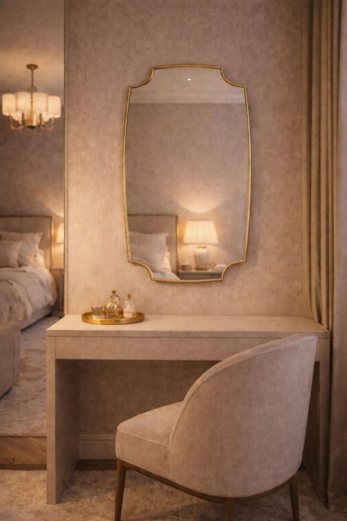 Handmade Crowned Brass Wall Mirror with slim brass frame above vanity