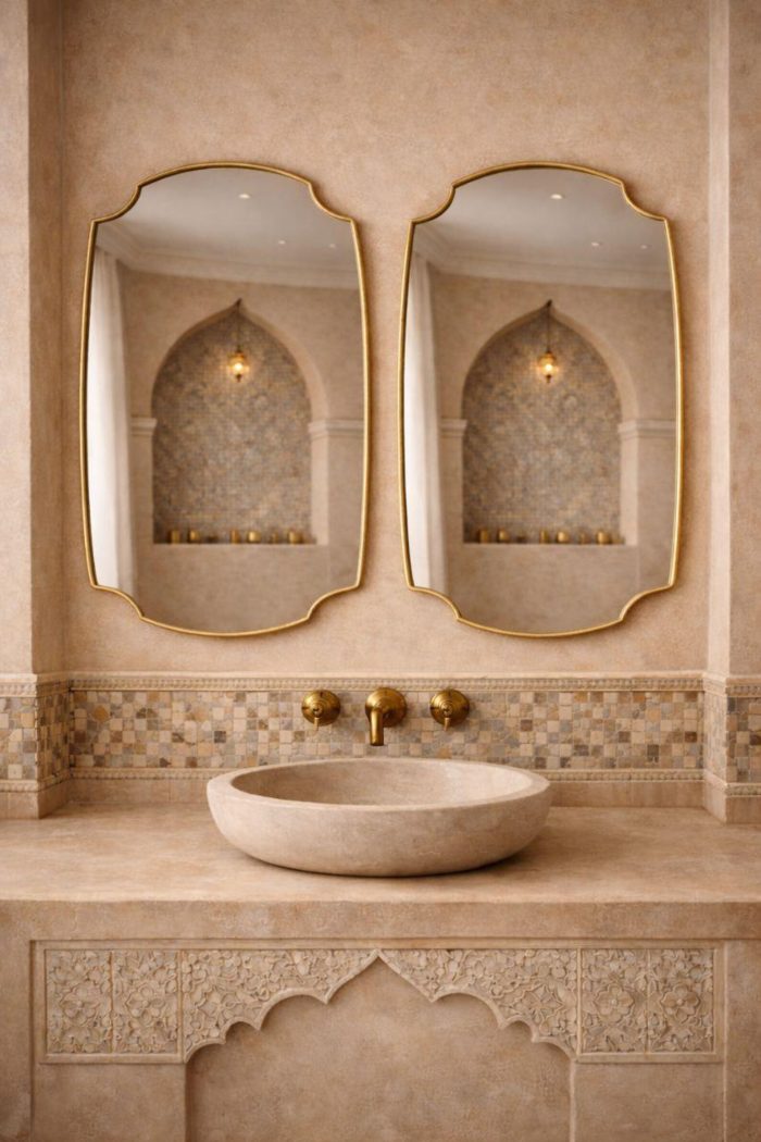 Handmade Crowned Brass Wall Mirror with slim brass frame above vanity