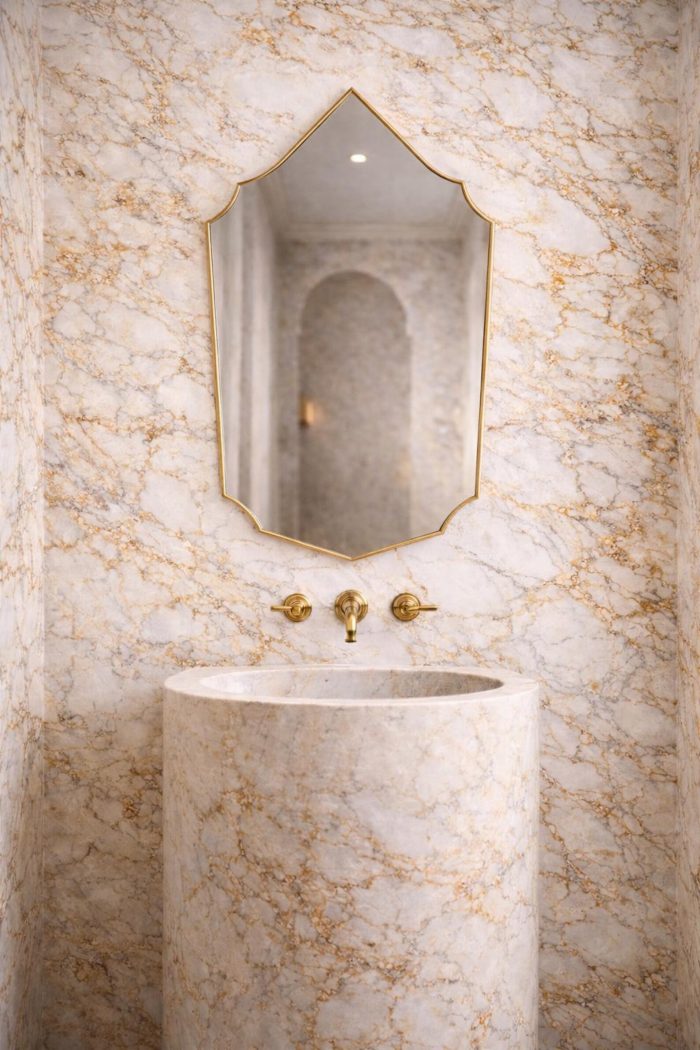 Handmade Moroccan pointed arch brass mirror with slim gold frame above a bathroom vanity.