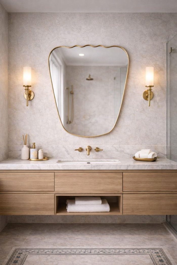 Handmade wavy top brass wall mirror with tapered sides and solid brass frame displayed above bedroom console.