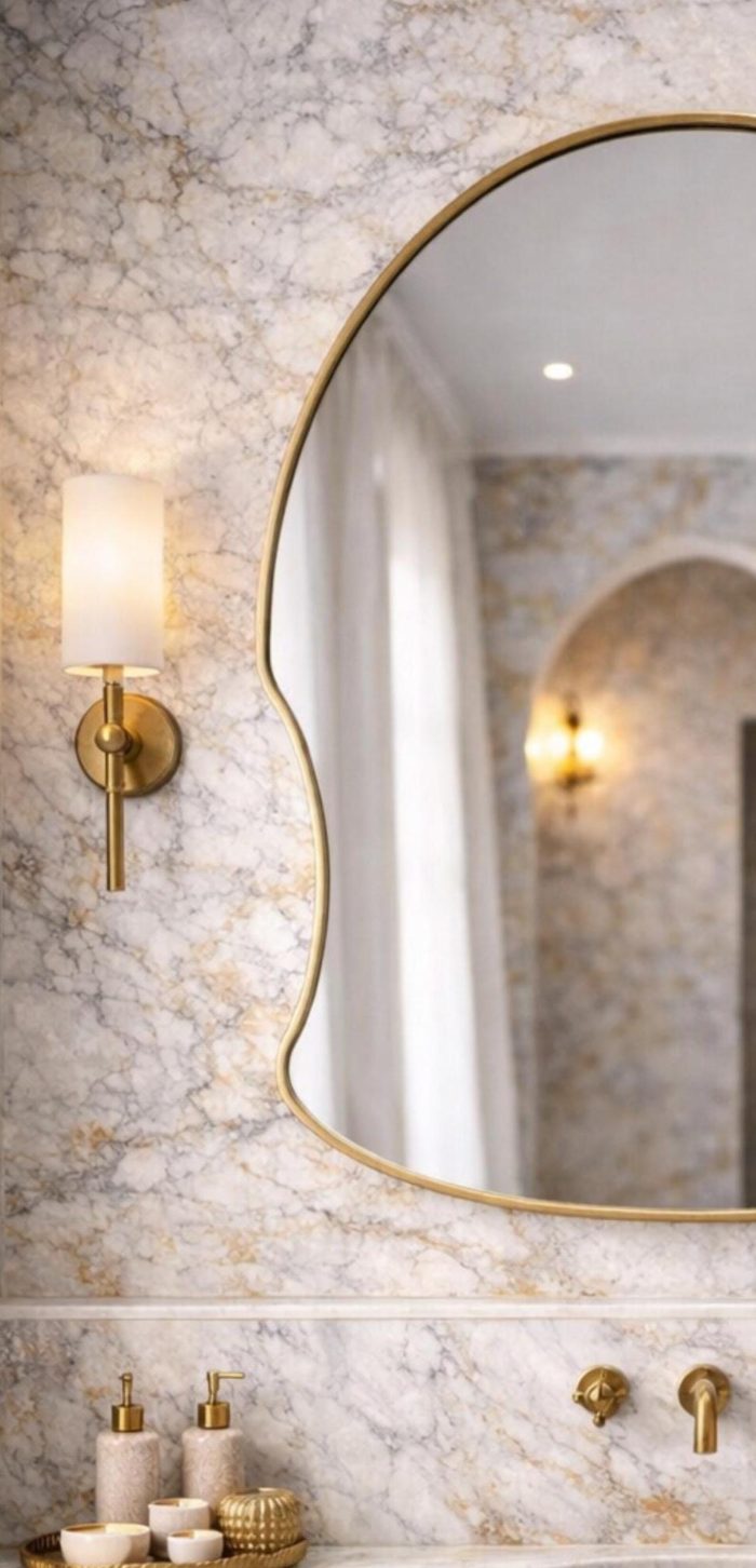 Arched freeform brass wall mirror with solid brass frame and clear glass above a bathroom vanity.
