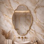 Quatrefoil Brass Mirror with sculpted frame above bathroom vanity