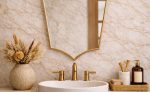 Pointed Moroccan Brass Mirror above bathroom vanity with green tile wall