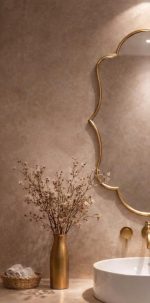 Handmade scalloped brass bathroom mirror with decorative curved frame