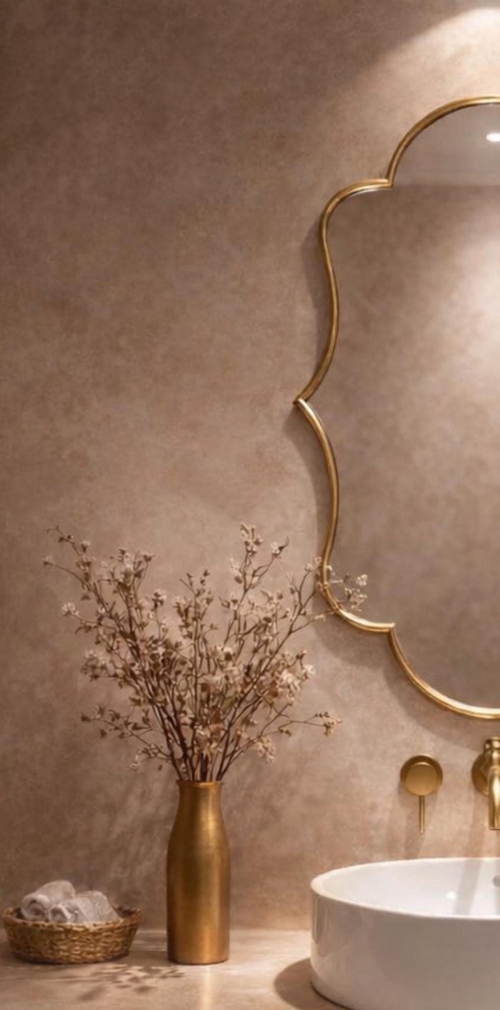 Handmade scalloped brass bathroom mirror with decorative curved frame