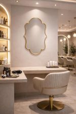 Handmade scalloped brass bathroom mirror with decorative curved frame