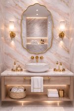 Handmade Scalloped Oval Brass Mirror with slim brass frame in bathroom interior