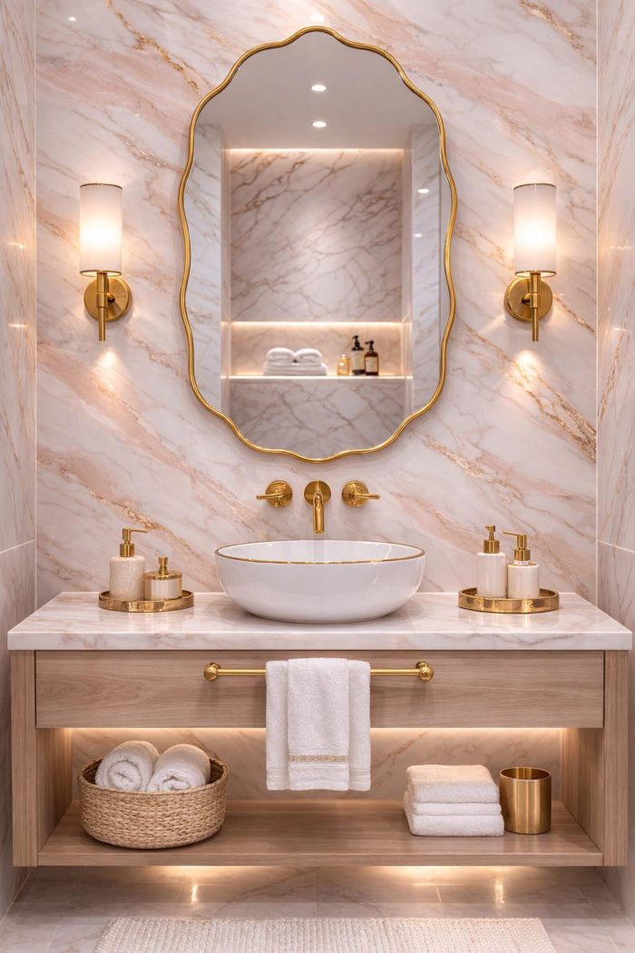 Handmade Scalloped Oval Brass Mirror with slim brass frame in bathroom interior