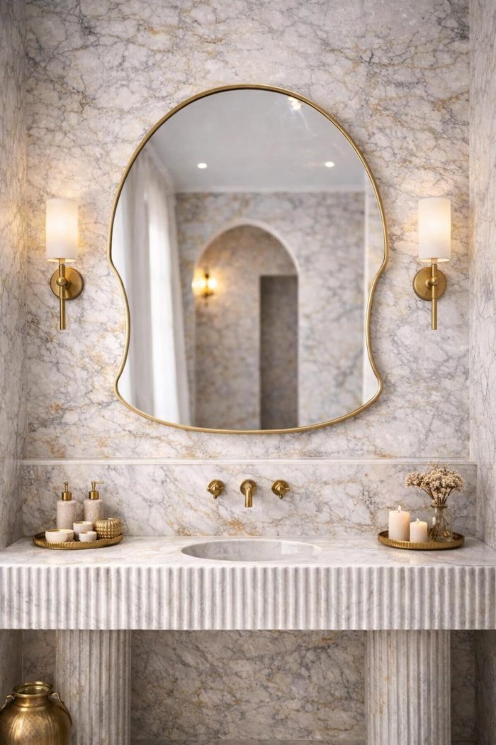 Arched freeform brass wall mirror with solid brass frame and clear glass above a bathroom vanity.