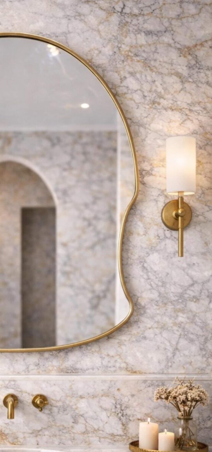 Arched freeform brass wall mirror with solid brass frame and clear glass above a bathroom vanity.