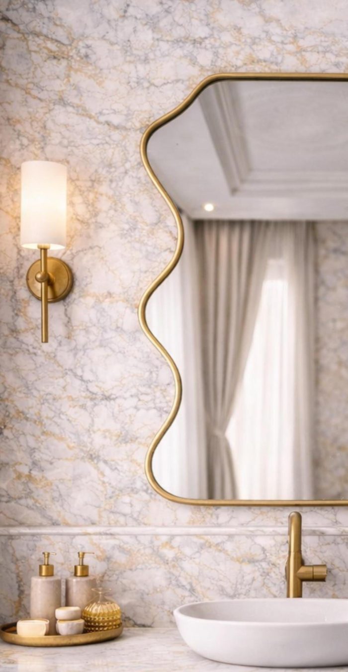 Sculptural wavy brass wall mirror with solid brass frame and clear glass above bathroom vanity.