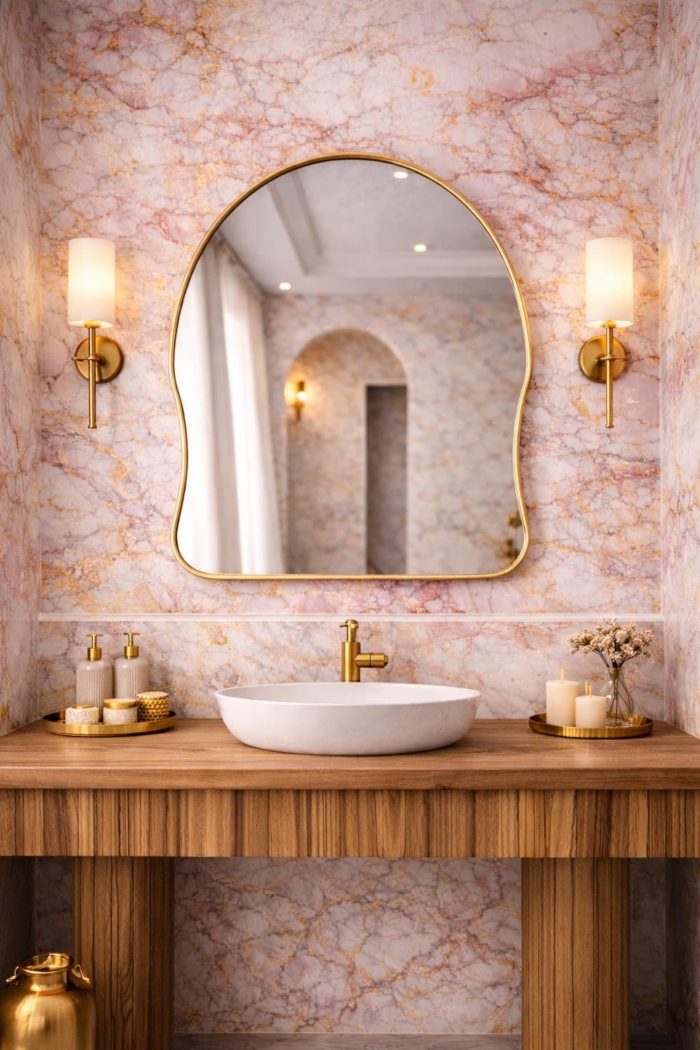 Handmade organic curved brass vanity mirror with freeform solid brass frame in bathroom interior.