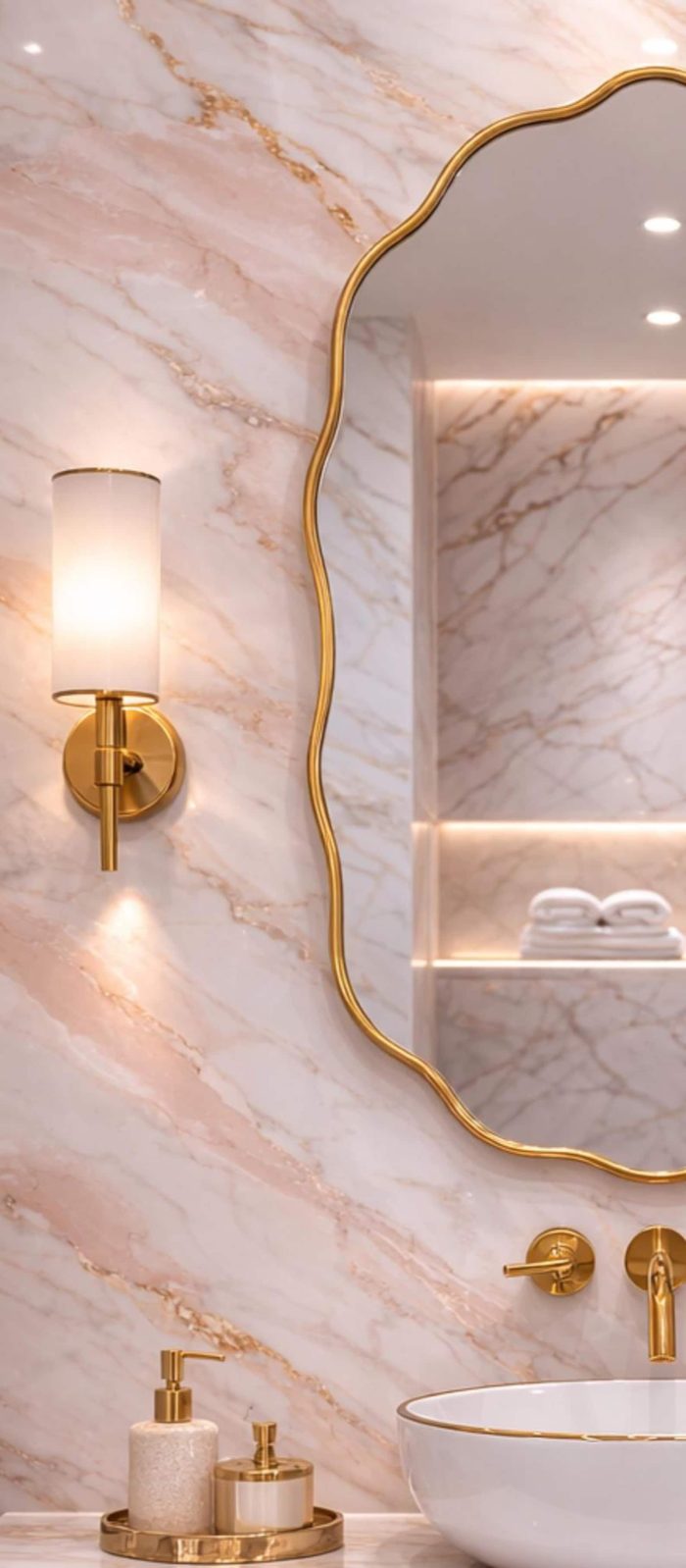 Handmade Scalloped Oval Brass Mirror with slim brass frame in bathroom interior
