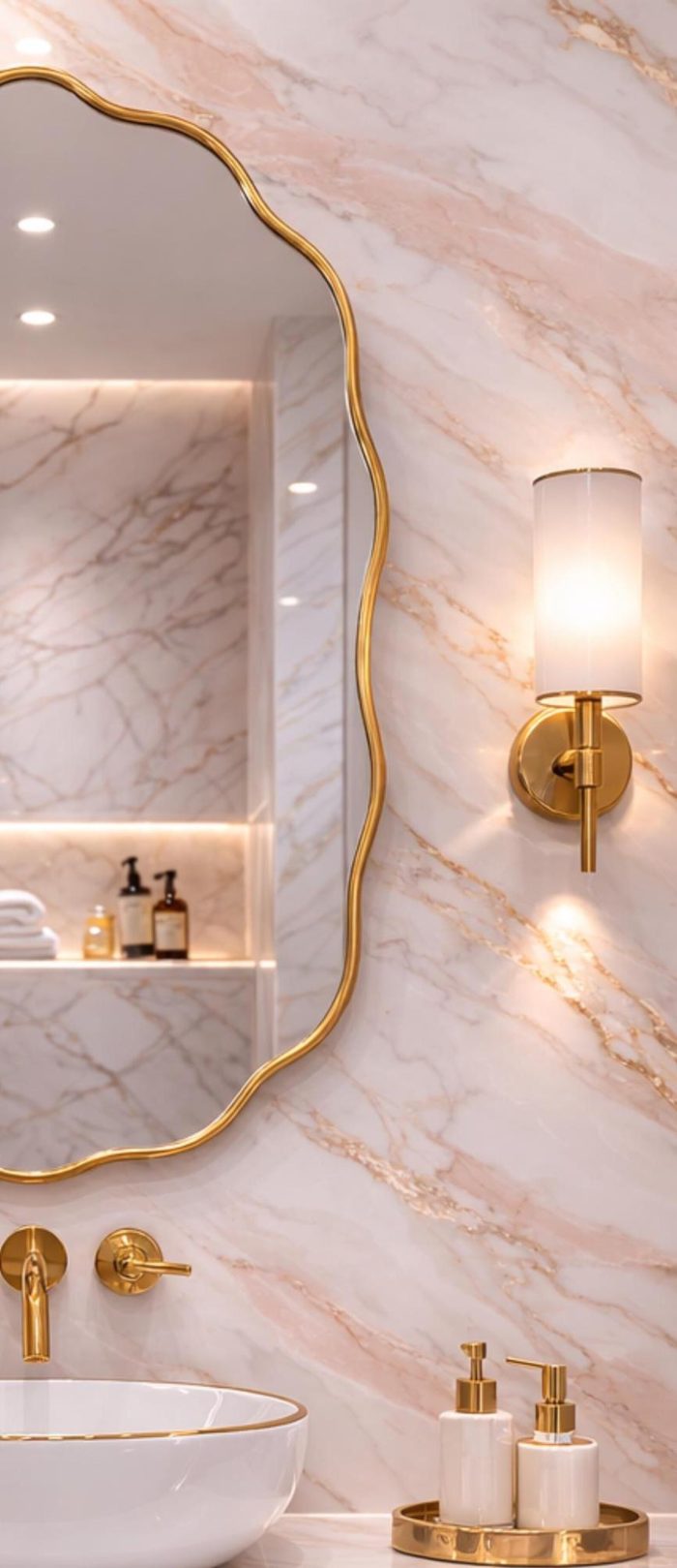 Handmade Scalloped Oval Brass Mirror with slim brass frame in bathroom interior