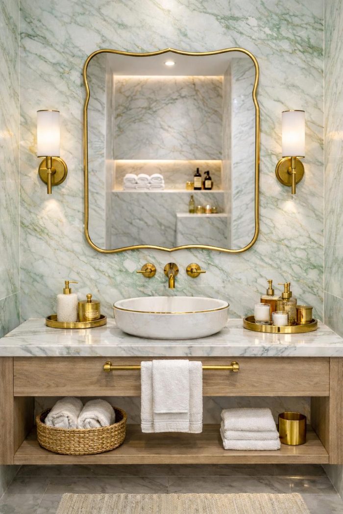 Handmade Curved Edge Brass Mirror with sculpted frame in tiled bathroom
