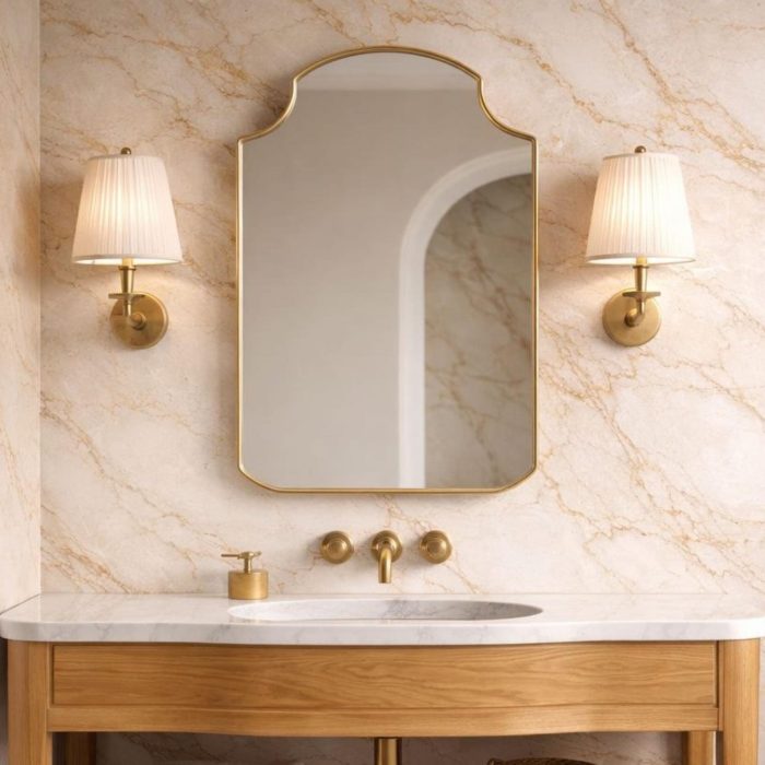 Crown Top Brass Mirror above wood bathroom vanity with brass fixtures