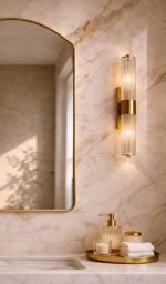 Rounded Arch Brass Mirror above bathroom vanity with handmade brass frame