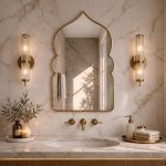 Moroccan Arch Brass Mirror with pointed Moorish shape above bathroom vanity