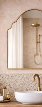 Handmade crown arch brass wall mirror with curved shoulders and slim gold brass frame above a bathroom vanity.