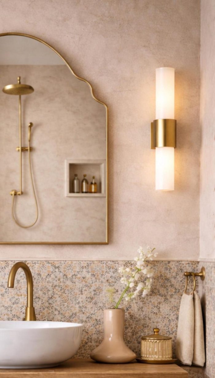 Handmade crown arch brass wall mirror with curved shoulders and slim gold brass frame above a bathroom vanity.