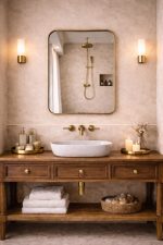 Soft Square Brass Mirror with rounded corners and handcrafted solid brass frame for bathroom vanity