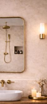 Soft Square Brass Mirror with rounded corners and handcrafted solid brass frame for bathroom vanity