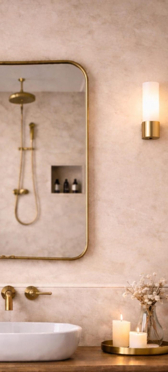 Soft Square Brass Mirror with rounded corners and handcrafted solid brass frame for bathroom vanity