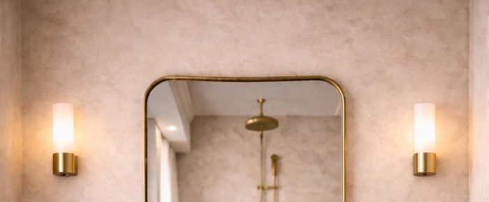 Soft Square Brass Mirror with rounded corners and handcrafted solid brass frame for bathroom vanity