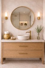 Modern Round Brass Mirror handcrafted with a slim solid brass frame for bathroom wall décor