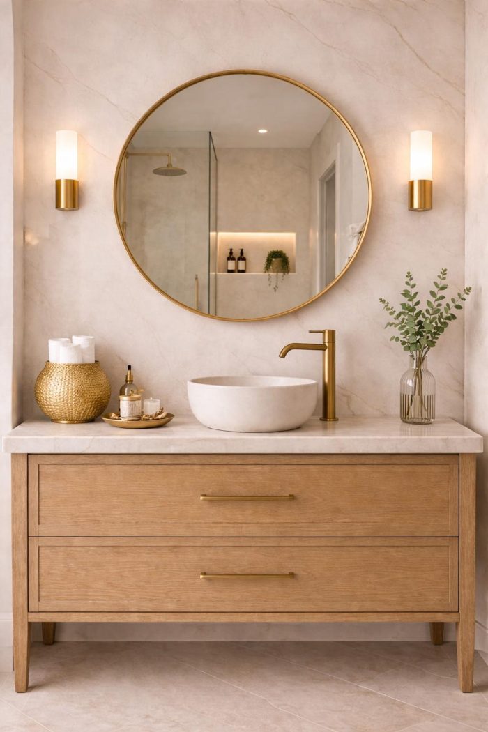 Modern Round Brass Mirror handcrafted with a slim solid brass frame for bathroom wall décor