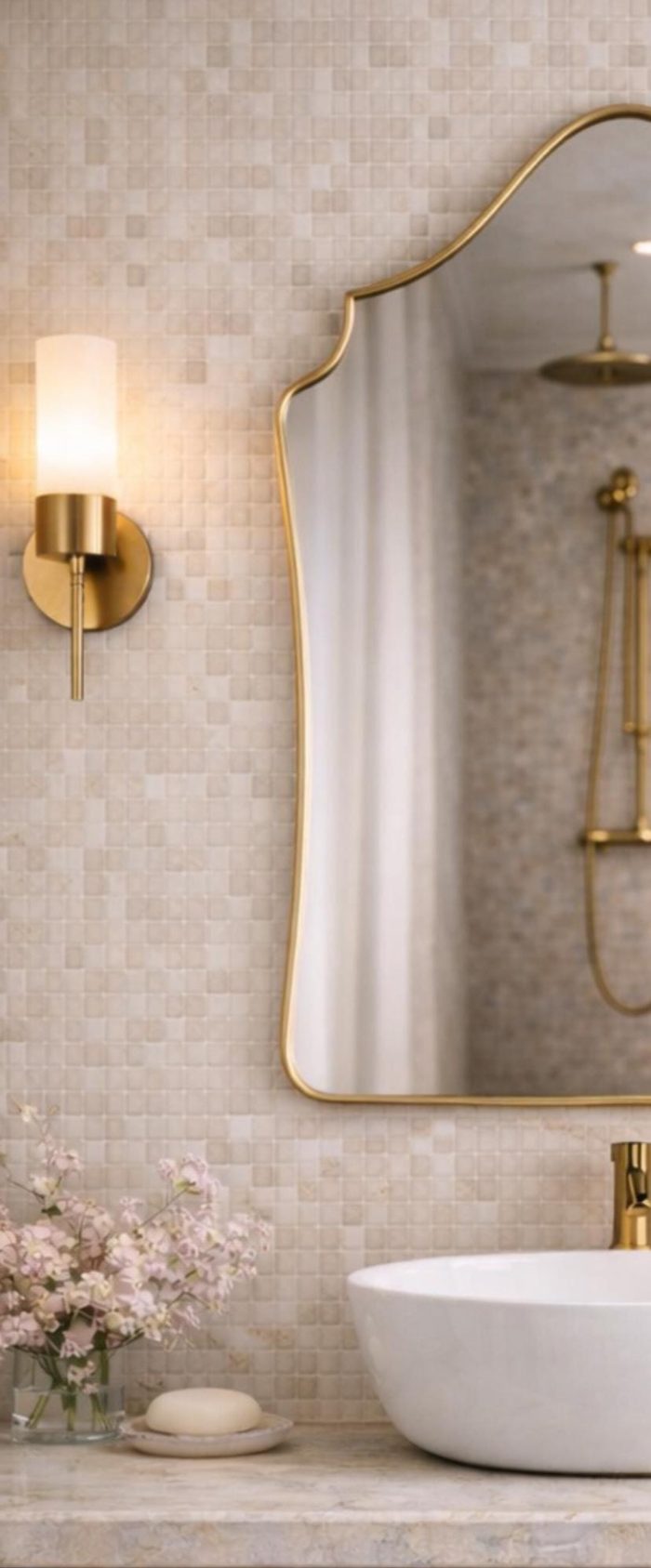 Handmade sculptural crown brass wall mirror with rounded arch top above a bathroom vanity.