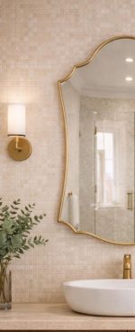 Moroccan Brass Mirror with decorative curved frame above bathroom vanity