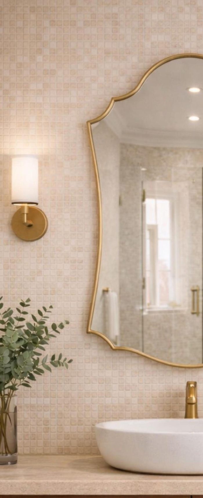 Moroccan Brass Mirror with decorative curved frame above bathroom vanity