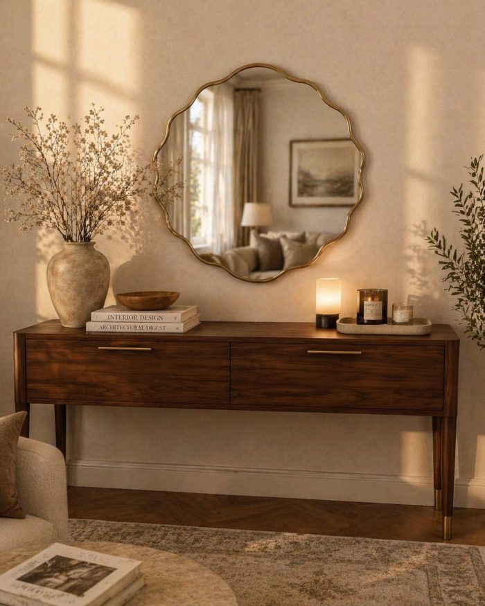 Flower Brass Mirror handcrafted with a scalloped solid brass frame for bathroom wall décor