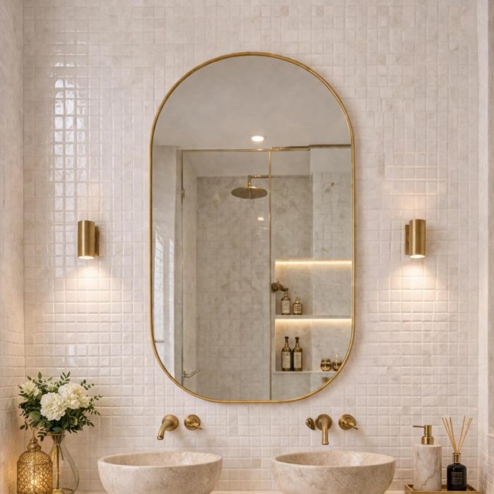 Handmade rounded arch brass wall mirror with solid brass frame above a double bathroom vanity.