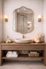Wavy Brass Vanity Mirror with curved solid brass frame and clear glass for bathroom wall