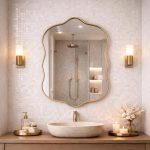 Wavy Brass Vanity Mirror with curved solid brass frame and clear glass for bathroom wall