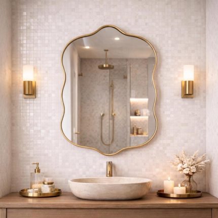 Wavy Brass Vanity Mirror with curved solid brass frame and clear glass for bathroom wall