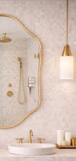 Handmade sculpted oval brass wall mirror with flowing curved edges and solid brass frame above double bathroom vanity.