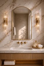Rounded Arch Brass Mirror above bathroom vanity with handmade brass frame