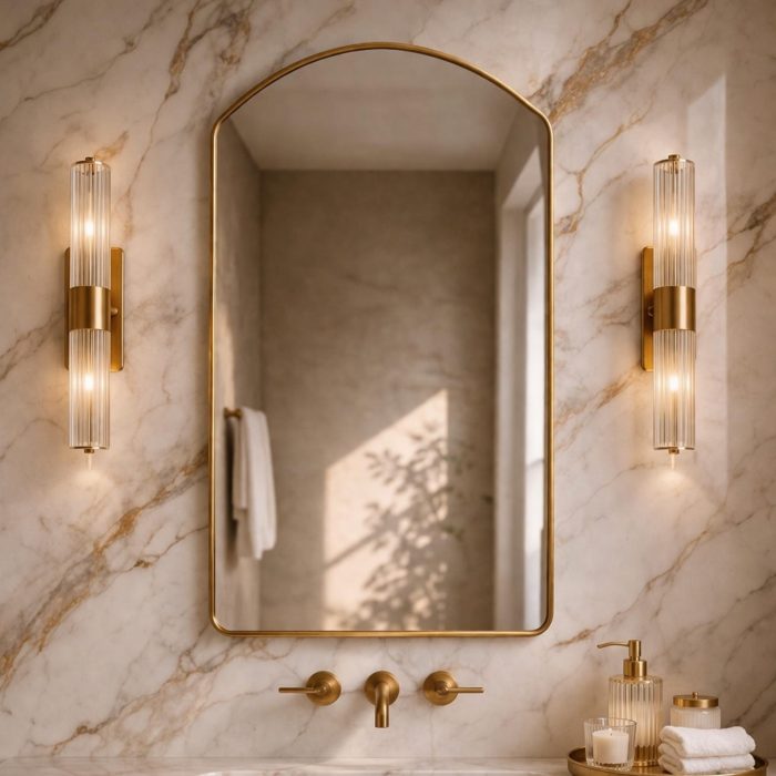 Rounded Arch Brass Mirror above bathroom vanity with handmade brass frame