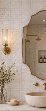 Arched Shield Brass Mirror with handmade brass frame above bathroom vanity