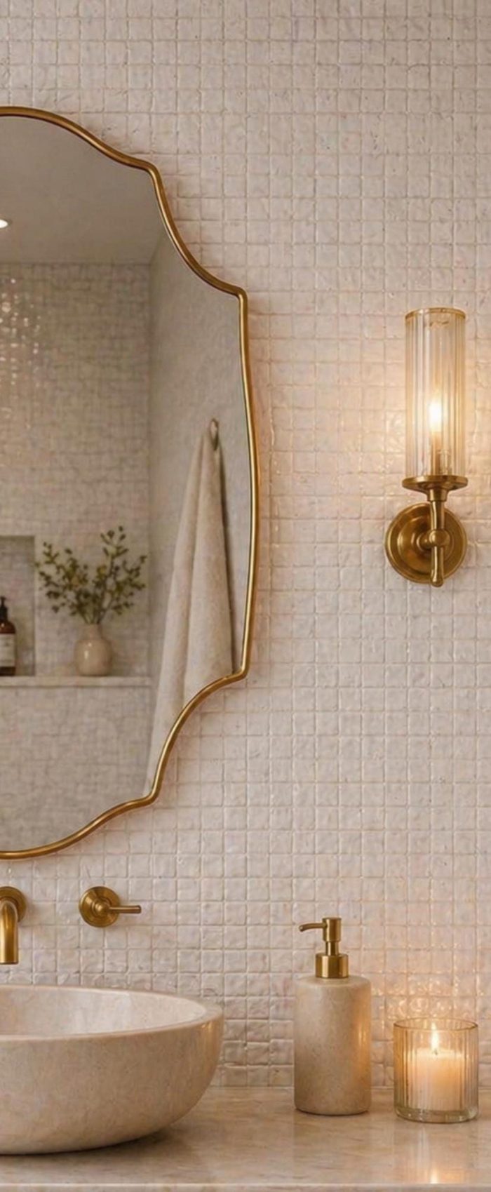 Arched Shield Brass Mirror with handmade brass frame above bathroom vanity