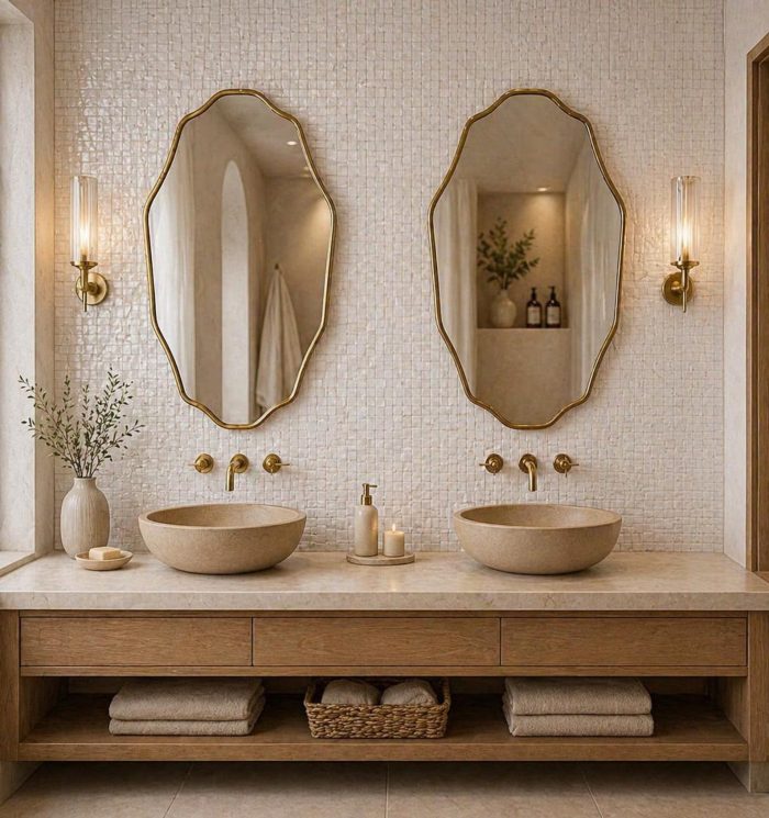 Scalloped Brass Mirror with handmade Moroccan brass frame above bathroom vanity