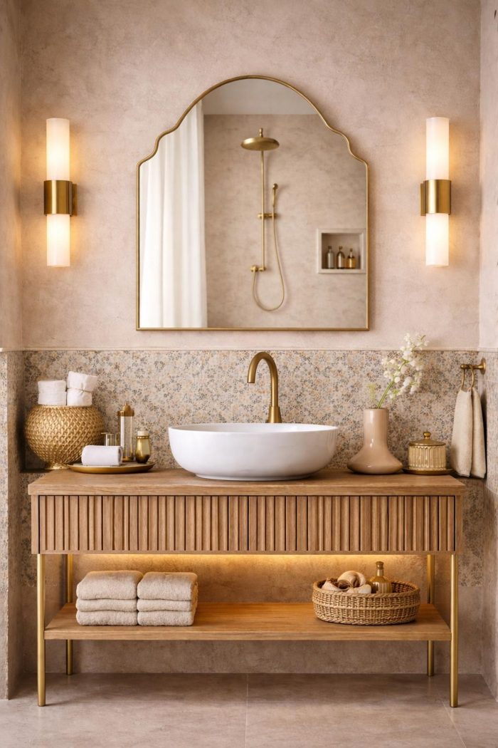Handmade crown arch brass wall mirror with curved shoulders and slim gold brass frame above a bathroom vanity.