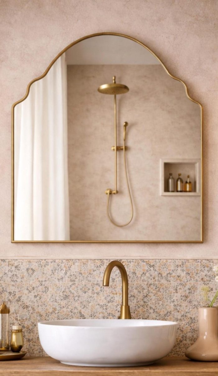 Handmade crown arch brass wall mirror with curved shoulders and slim gold brass frame above a bathroom vanity.
