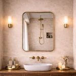 Soft Square Brass Mirror with rounded corners and handcrafted solid brass frame for bathroom vanity