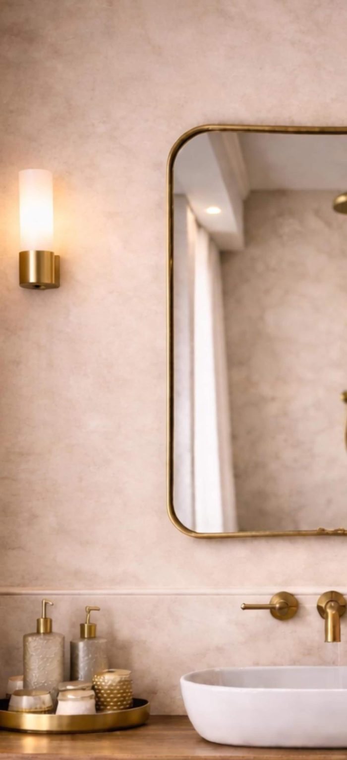 Soft Square Brass Mirror with rounded corners and handcrafted solid brass frame for bathroom vanity