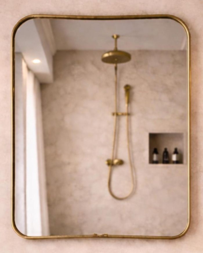 Soft Square Brass Mirror with rounded corners and handcrafted solid brass frame for bathroom vanity
