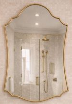 Moroccan Brass Mirror with decorative curved frame above bathroom vanity